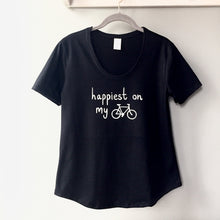 Load image into Gallery viewer, Happiest on my Bike - Women's Black Scoop Bottom T-Shirt