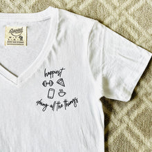 Load image into Gallery viewer, Happiest Doing All The Things (Pizza, Coffee, Fitness, Phone) - Women's White V-Neck T-Shirt