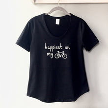 Load image into Gallery viewer, Happiest on my Bike - Women&#39;s Black Scoop Bottom T-Shirt
