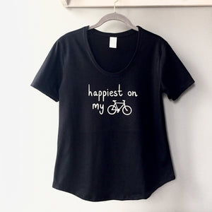 Happiest on my Bike - Women's Black Scoop Bottom T-Shirt
