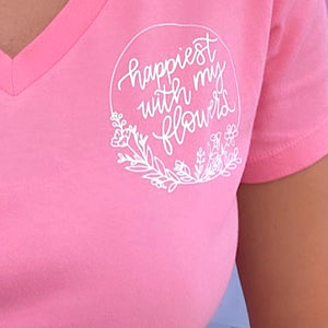 Happiest with my Flowers - Bright Pink V-Neck T-Shirt