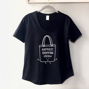 Happiest Shopping Local - Women's Black Scoop Bottom T-Shirt