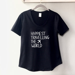 Happiest Travelling the World - Women's Black Scoop Bottom T-Shirt