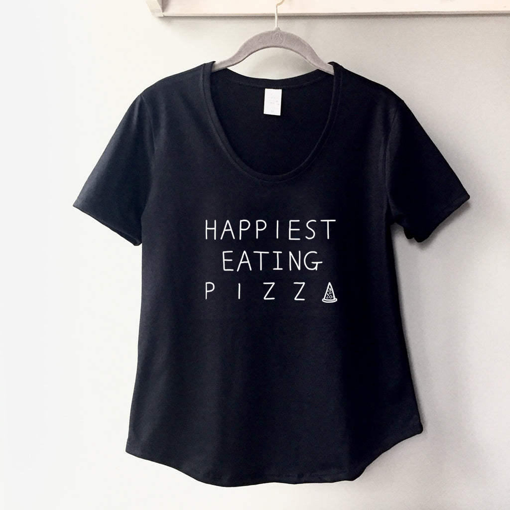 Happiest Eating Pizza - Women's Black Scoop Bottom T-Shirt